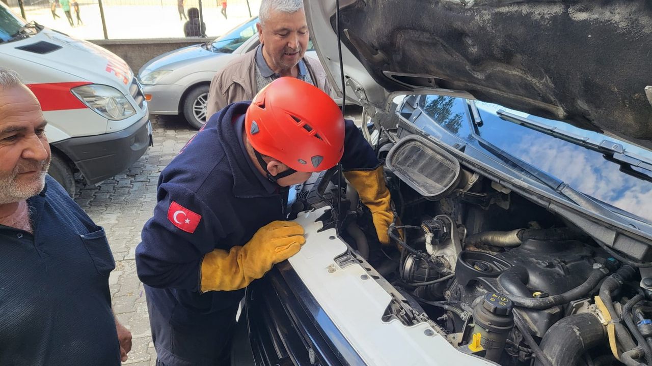 Minibüsün motoruna giren kedi  itfaiye ekiplerince kurtarıldı