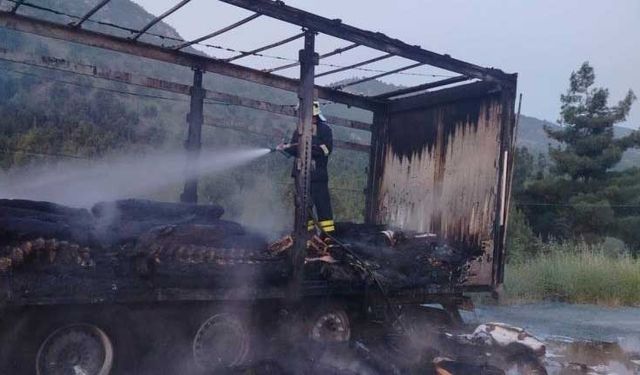 Çorum'da tırın dorsesi alev alev yandı