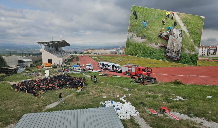 Kontrolden çıkan otomobil atletizm sahasına düştü